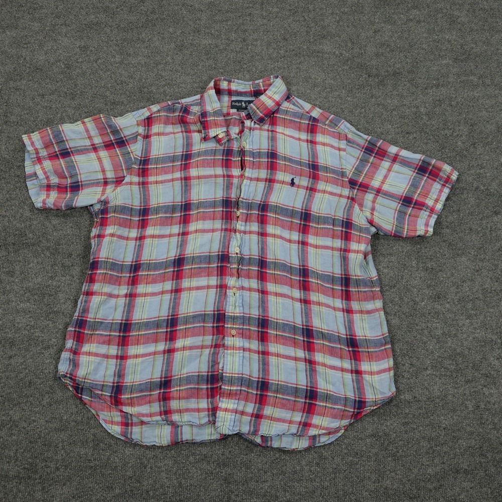 Ralph Lauren Shirt Mens XL Red Blue Plaid 100% Linen Short Sleeve Classic Fit